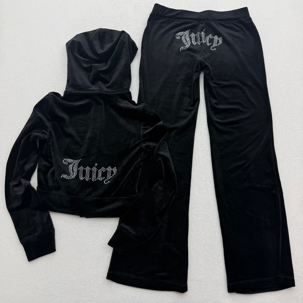 Juicy Couture Tracksuit Women S Black Velour Rhinestone Hoodie Pants Set New